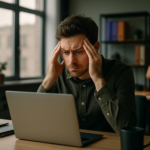 cinematic Gere a imagem de uma pessoa de 30 anos na frente do notebook em um escritrio trabalhando com um semblante frustrado O escritrio precisa esta-1